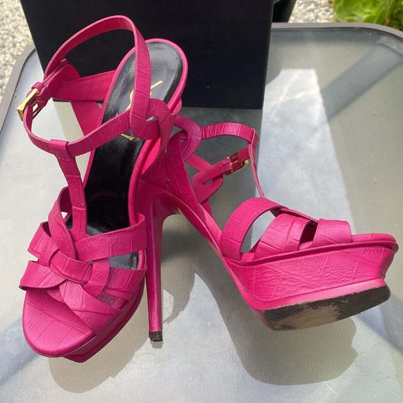 Stunning Saint Laurent Tribute Pink Leather Platform High Heels Sandals, Sz 37 - Picture 2 of 9